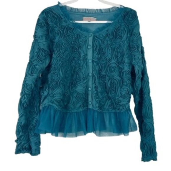 Pretty Angel Womens Rosette Chiffon Cardigan Teal Blue Linen Blend L - Picture 1 of 3